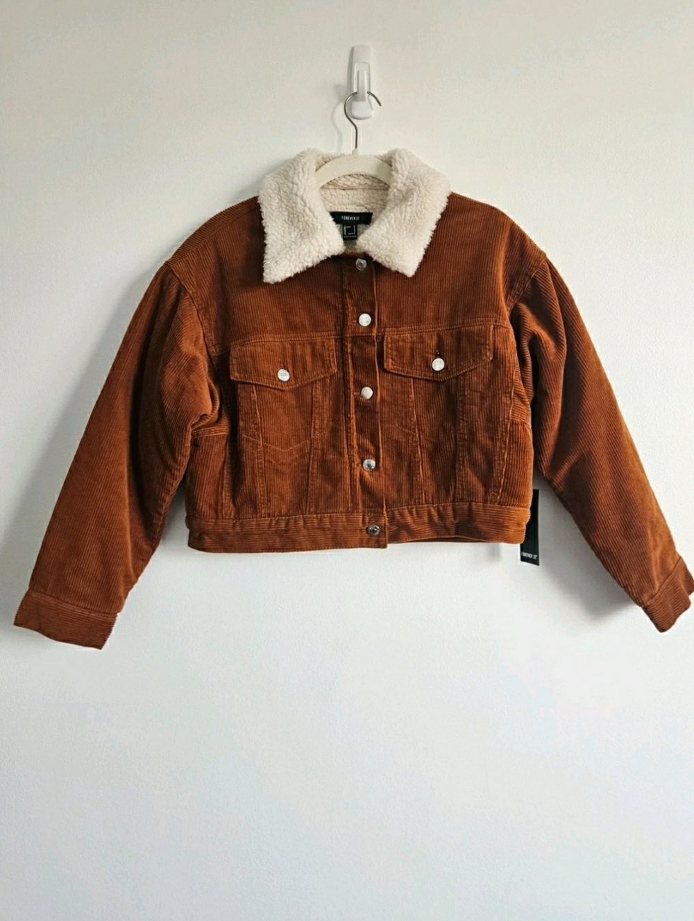 NWT Forever 21 S Burnt Orange Brown Corduroy Cropped Sherpa Lined Jacket Pockets